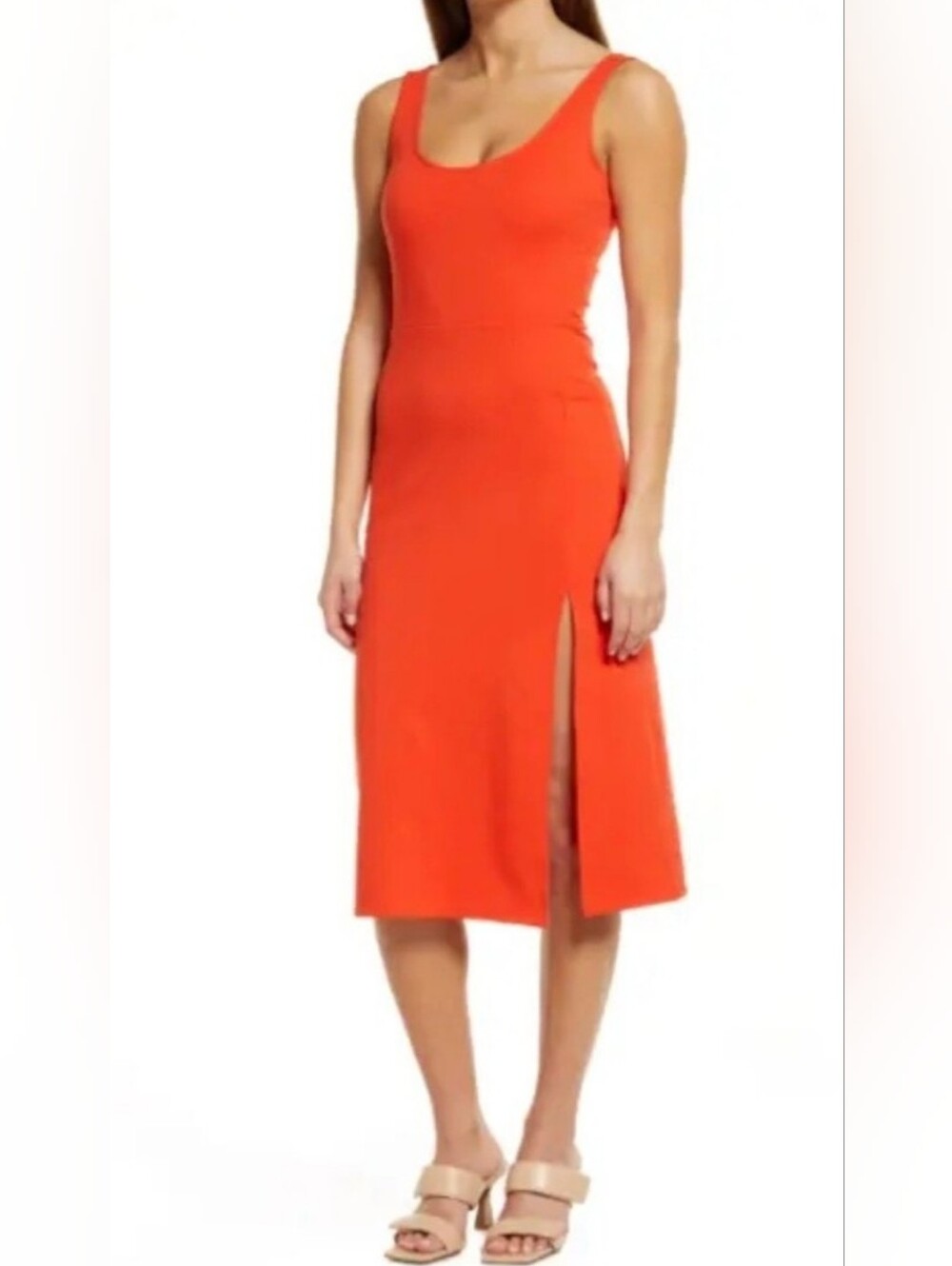 Open Edit Scoop Neck Orange Midi Dress with Side Slit
